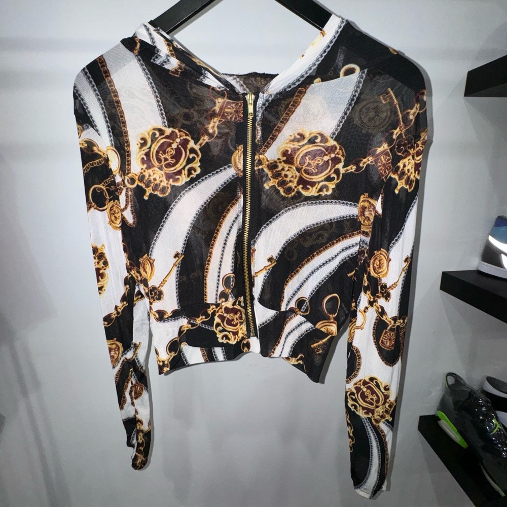 Black and white “Versace Like” crop zip up hoodie Y2K